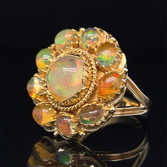 Estate 10K Yellow Gold Mexican Fire Jelly Opal Cluster Halo Ring Size 6.5