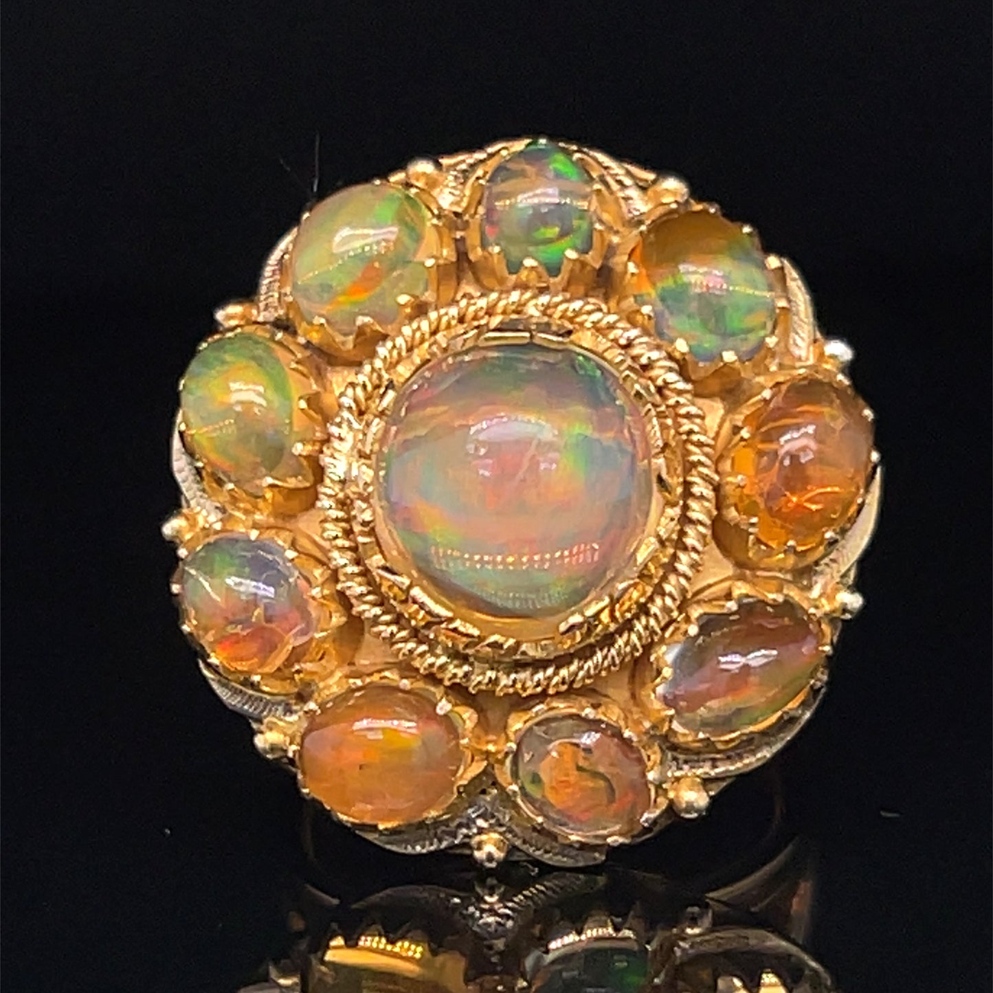 Estate 10K Yellow Gold Mexican Fire Jelly Opal Cluster Halo Ring Size 6.5