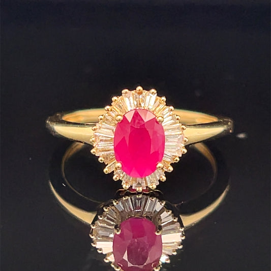 Estate 14K Yellow Gold Natural Ruby and Diamond Halo Ring Size 7