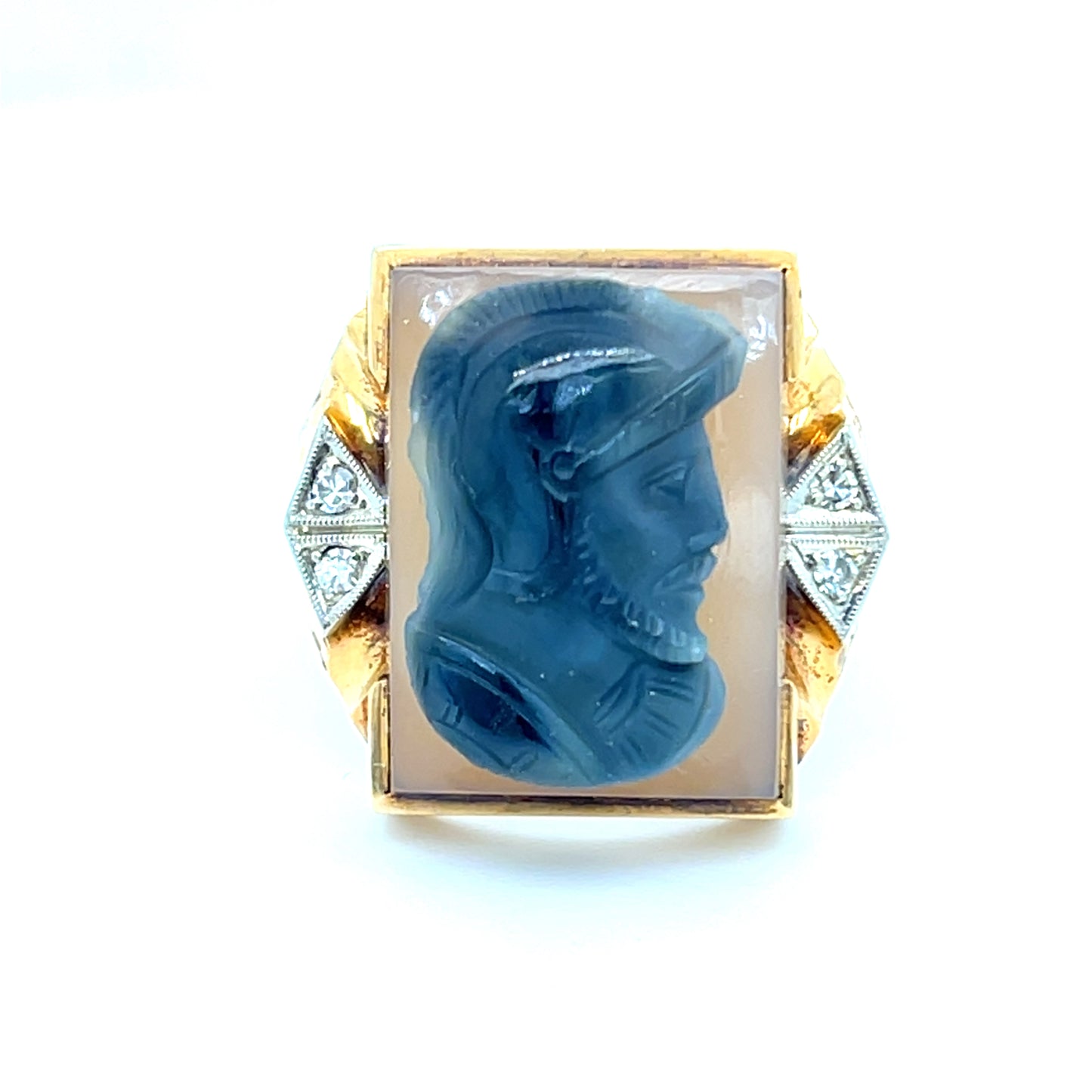 Estate Men's 10K Yellow Gold Blue Agate Knight Cameo Ring with Natural Diamonds Size 11