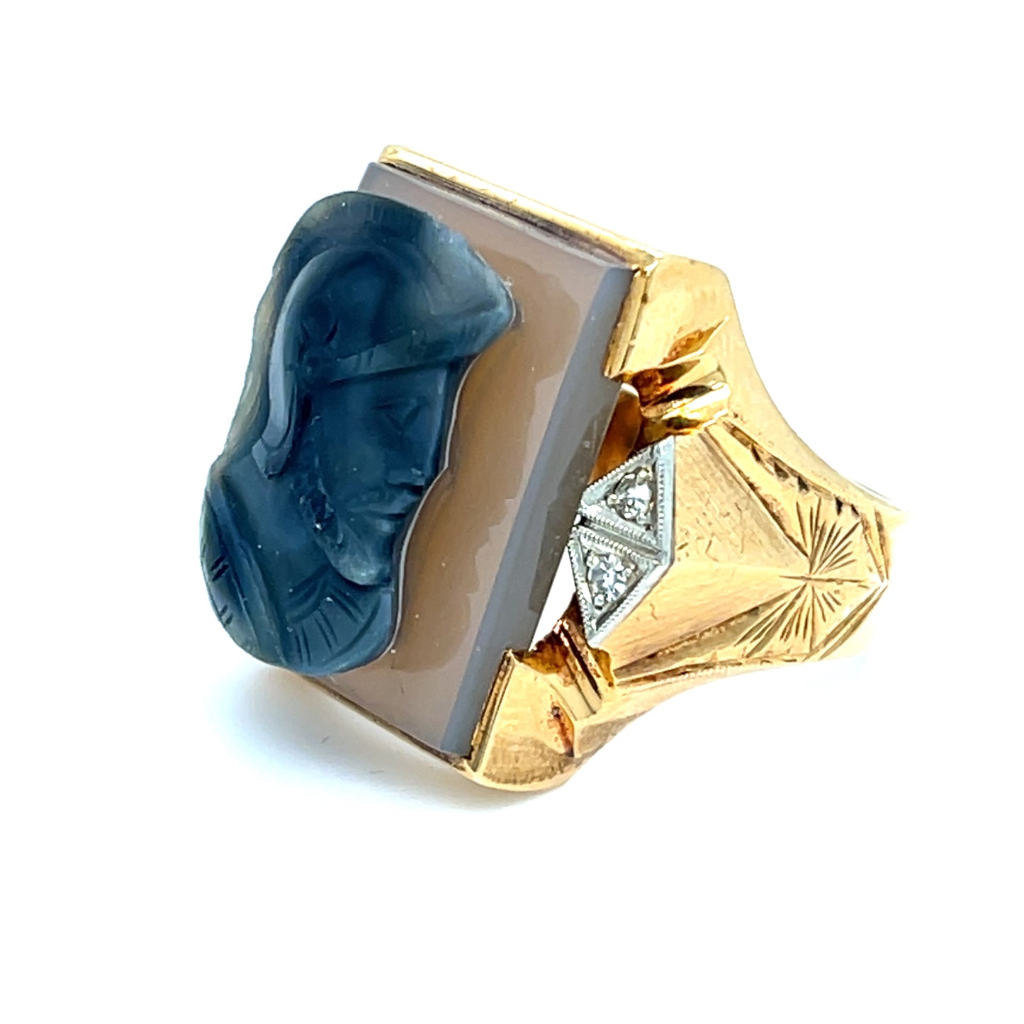 Estate Men's 10K Yellow Gold Blue Agate Knight Cameo Ring with Natural Diamonds Size 11