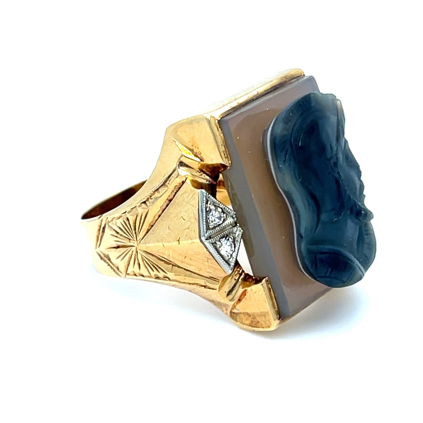 Estate Men's 10K Yellow Gold Blue Agate Knight Cameo Ring with Natural Diamonds Size 11