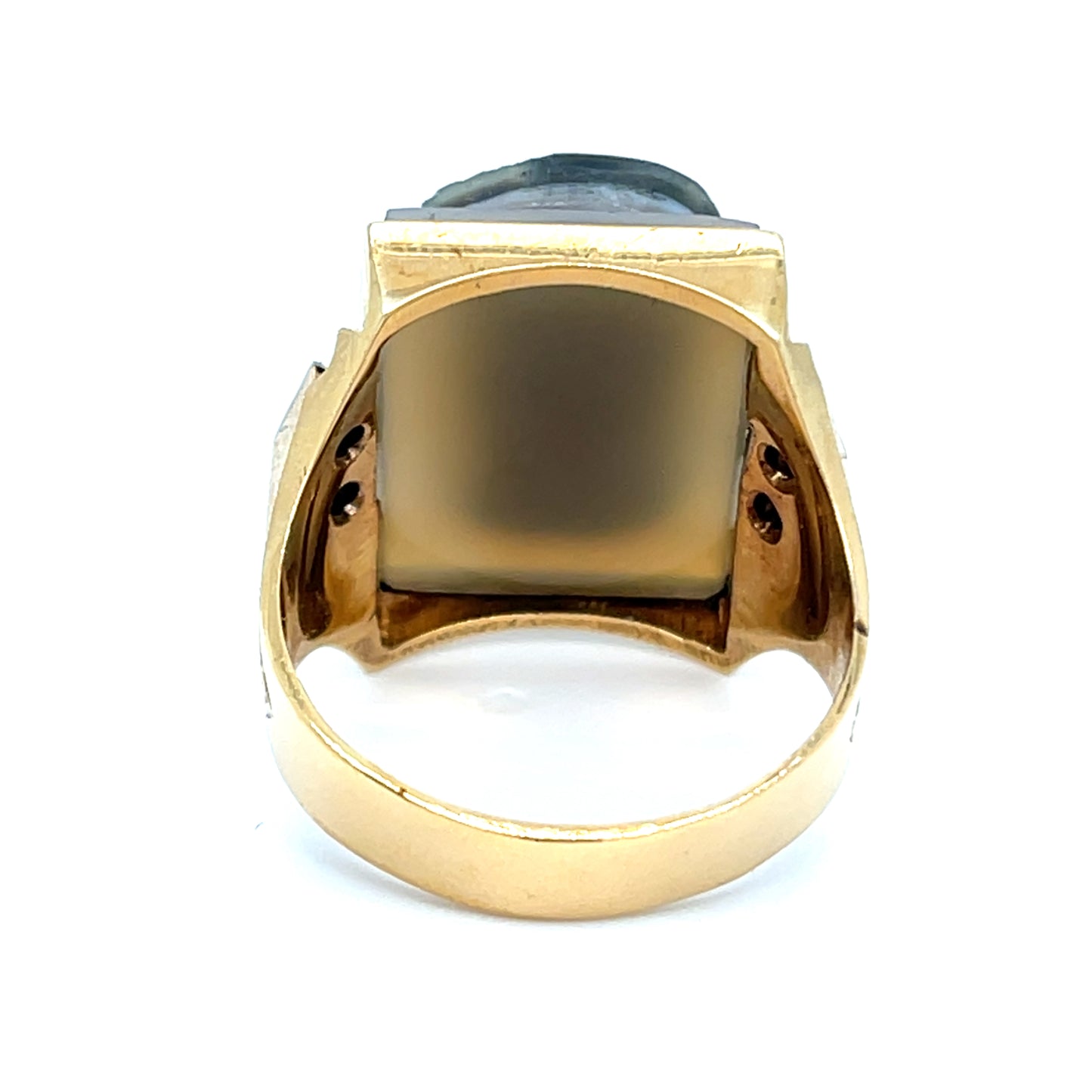 Estate Men's 10K Yellow Gold Blue Agate Knight Cameo Ring with Natural Diamonds Size 11