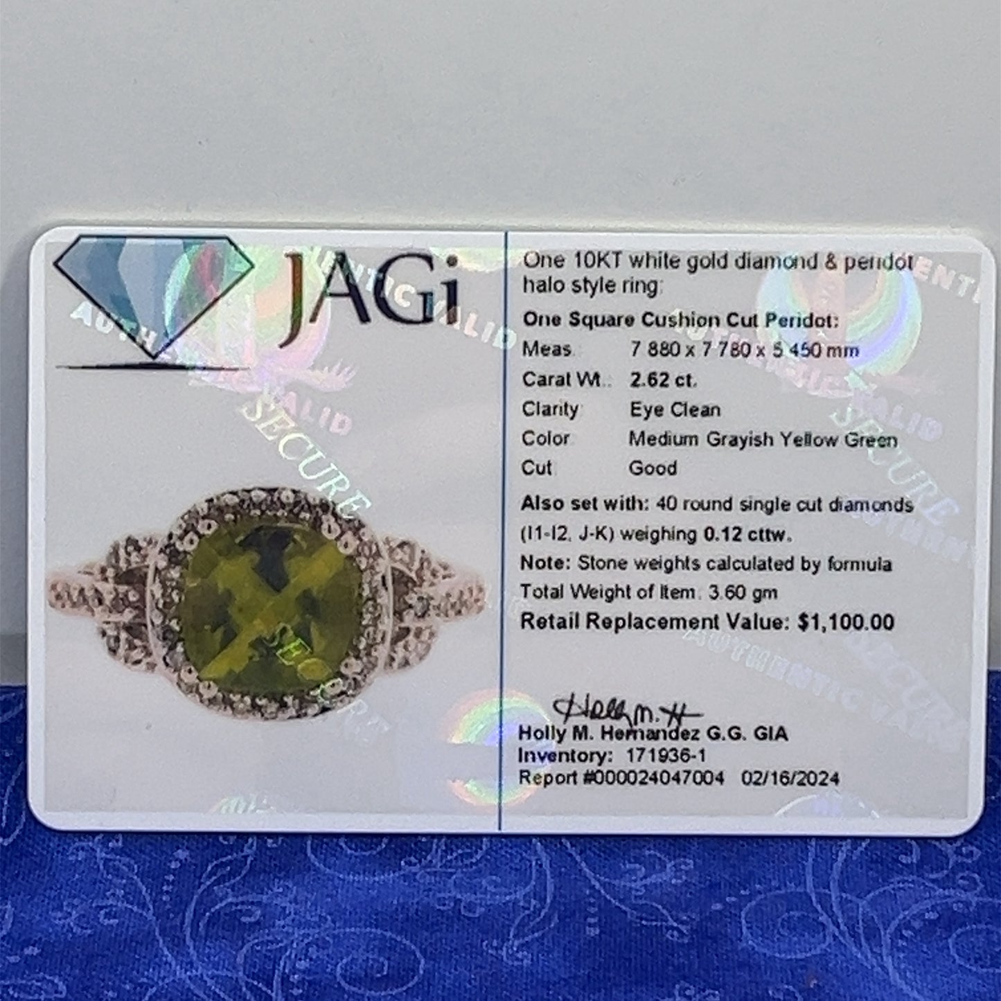 10K White Gold Natural Peridot and Diamond Halo Style Cocktail Ring Size 7.5