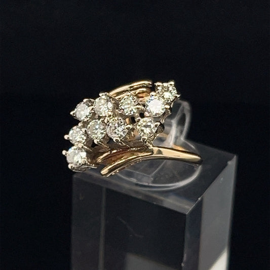 Estate 14K Yellow Gold 10 Natural Brilliant Cut Diamond Waterfall Cluster Ring Size 6