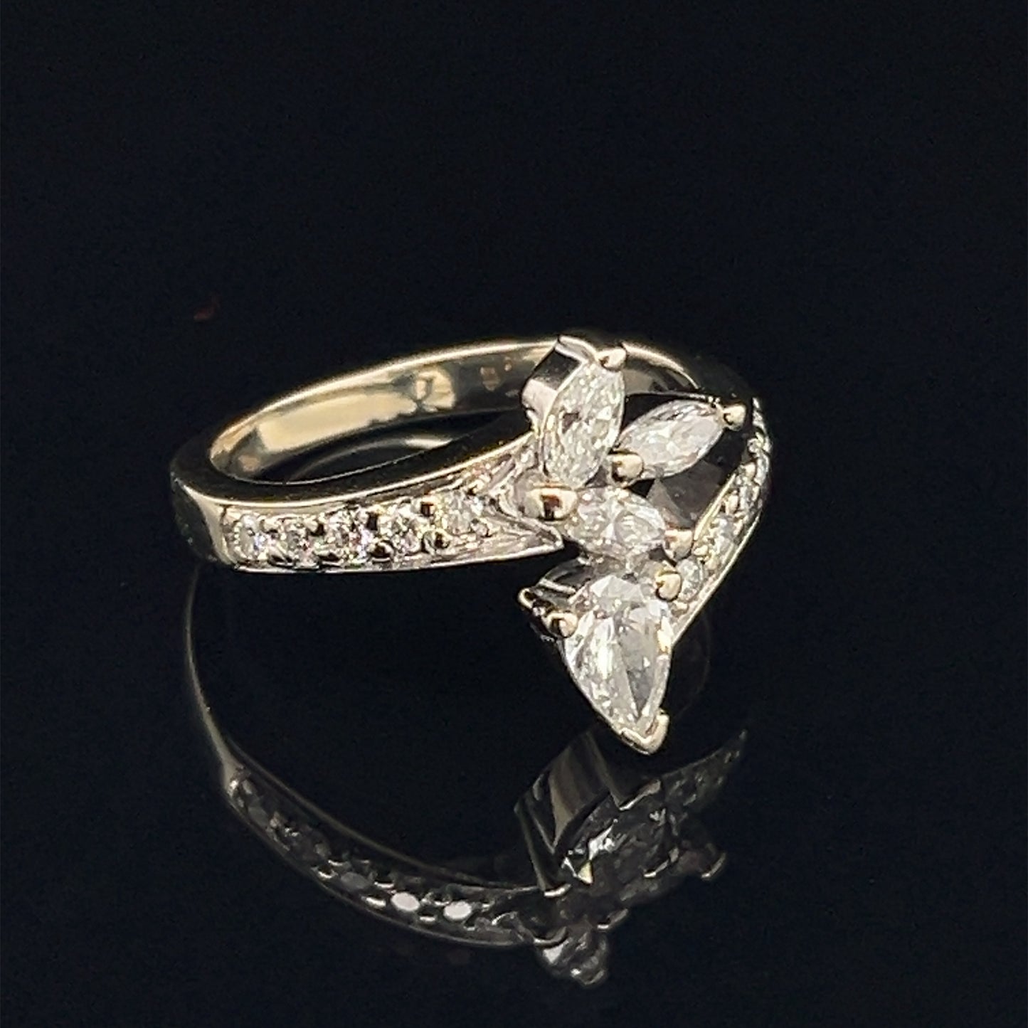 Estate 14K White Gold Marquise and Pear Cut Natural Diamond Ring Bypass Style Size 6