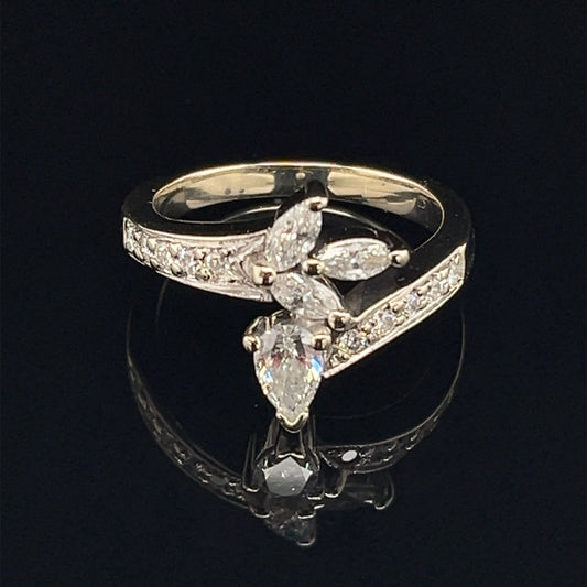 Estate 14K White Gold Marquise and Pear Cut Natural Diamond Ring Bypass Style Size 6