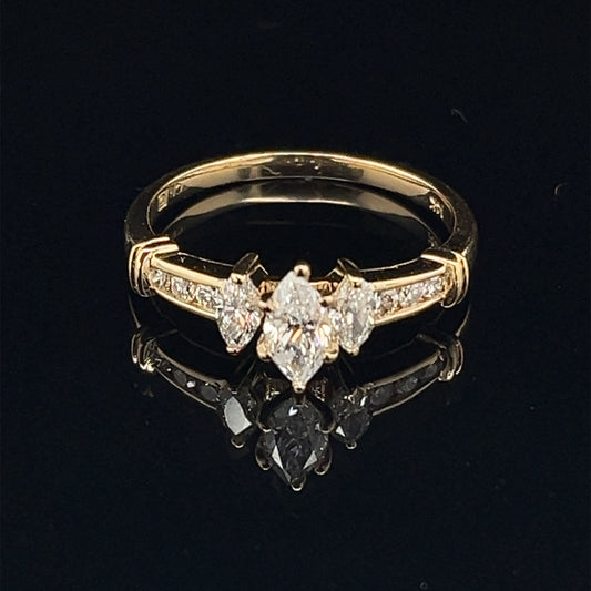 Estate 14K Yellow Gold Natural Diamond Marquise and Round Engagement Ring Trinity Style Size 8