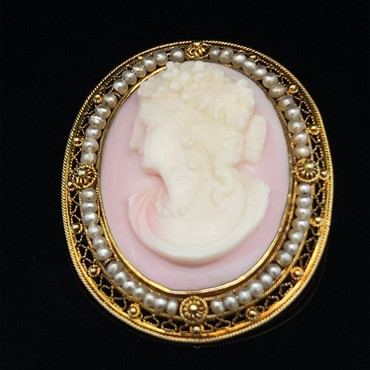 Estate Vintage 14K Yellow Gold Cameo Shell Brooch Pin with Seed Pearls