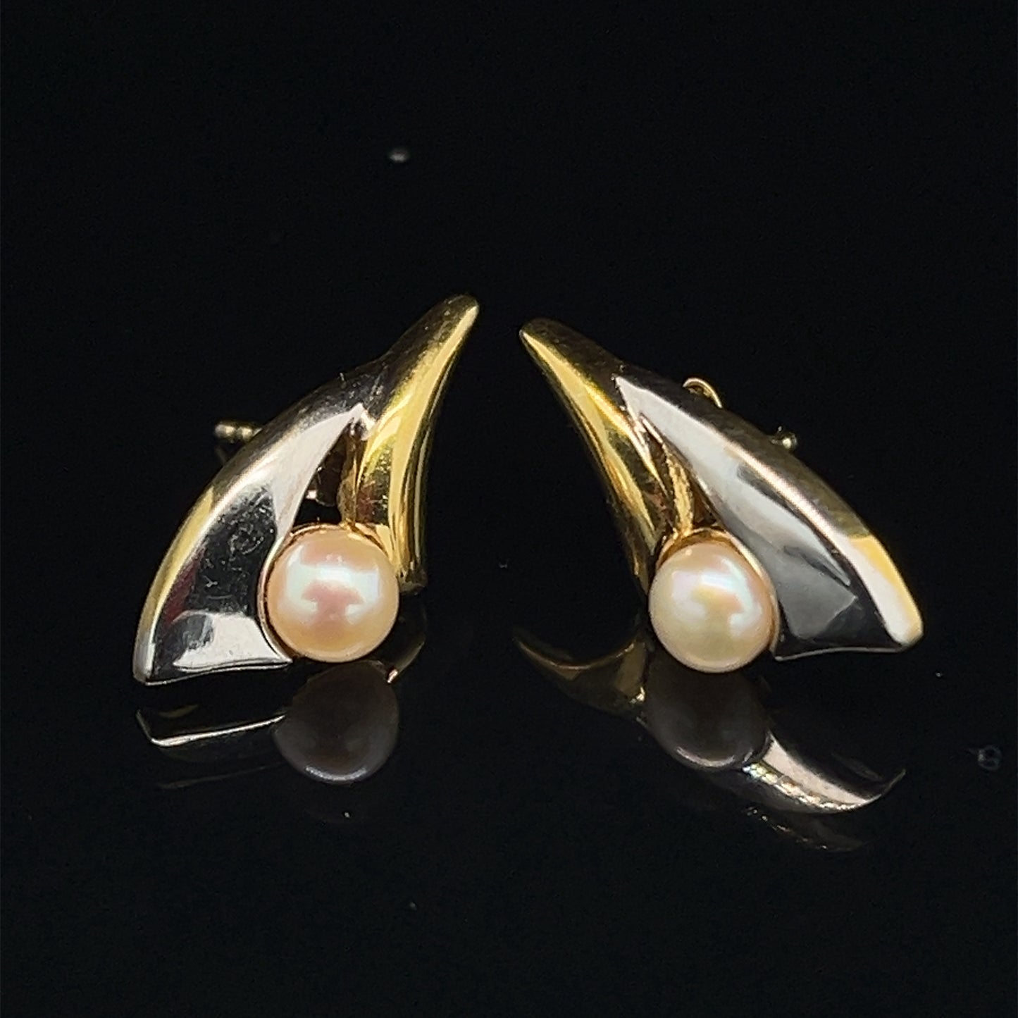 Estate 14K Two Tone White and Yellow Gold Post Earrings with Natural Pearls