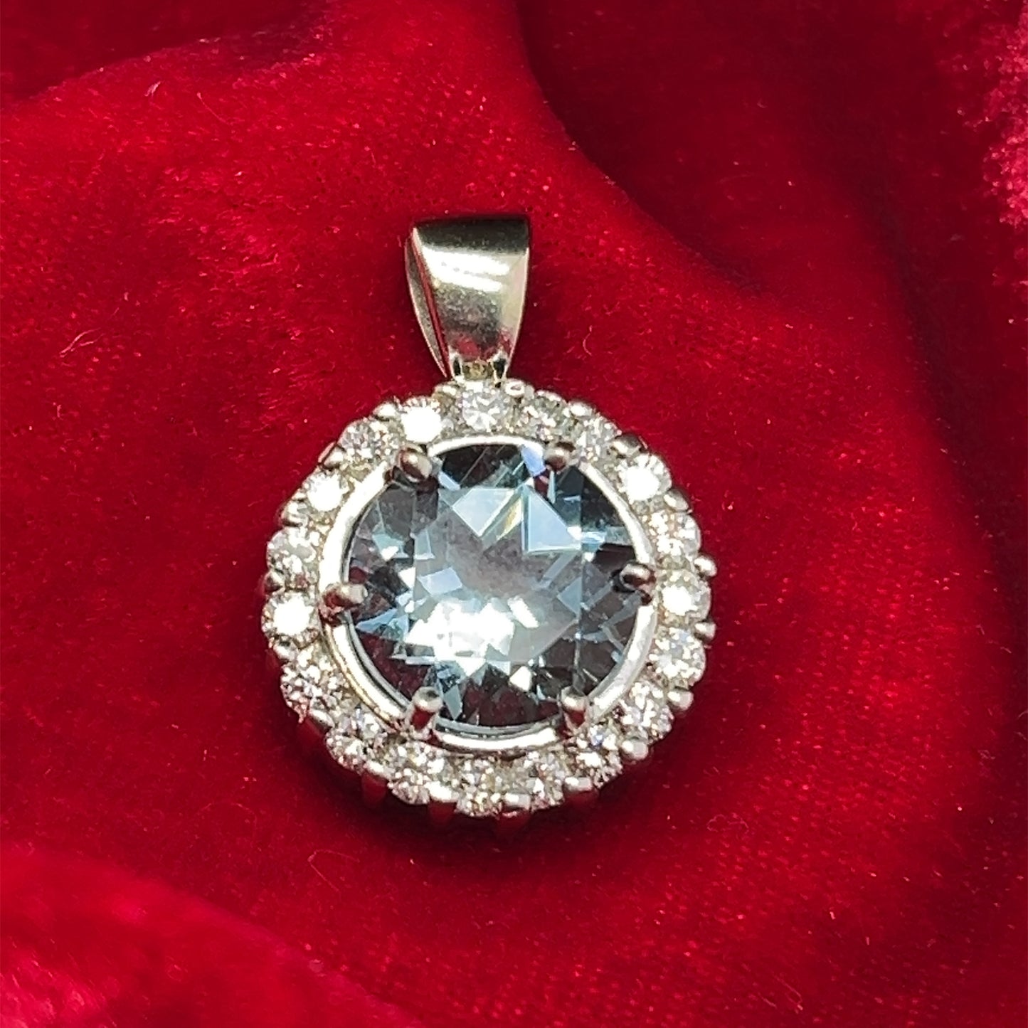 Estate 14K White Gold Round Natural Diamond and Blue Topaz Pendant Necklace Halo Style