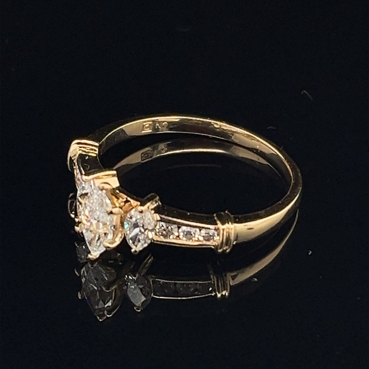 Estate 14K Yellow Gold Natural Diamond Marquise and Round Engagement Ring Trinity Style Size 8