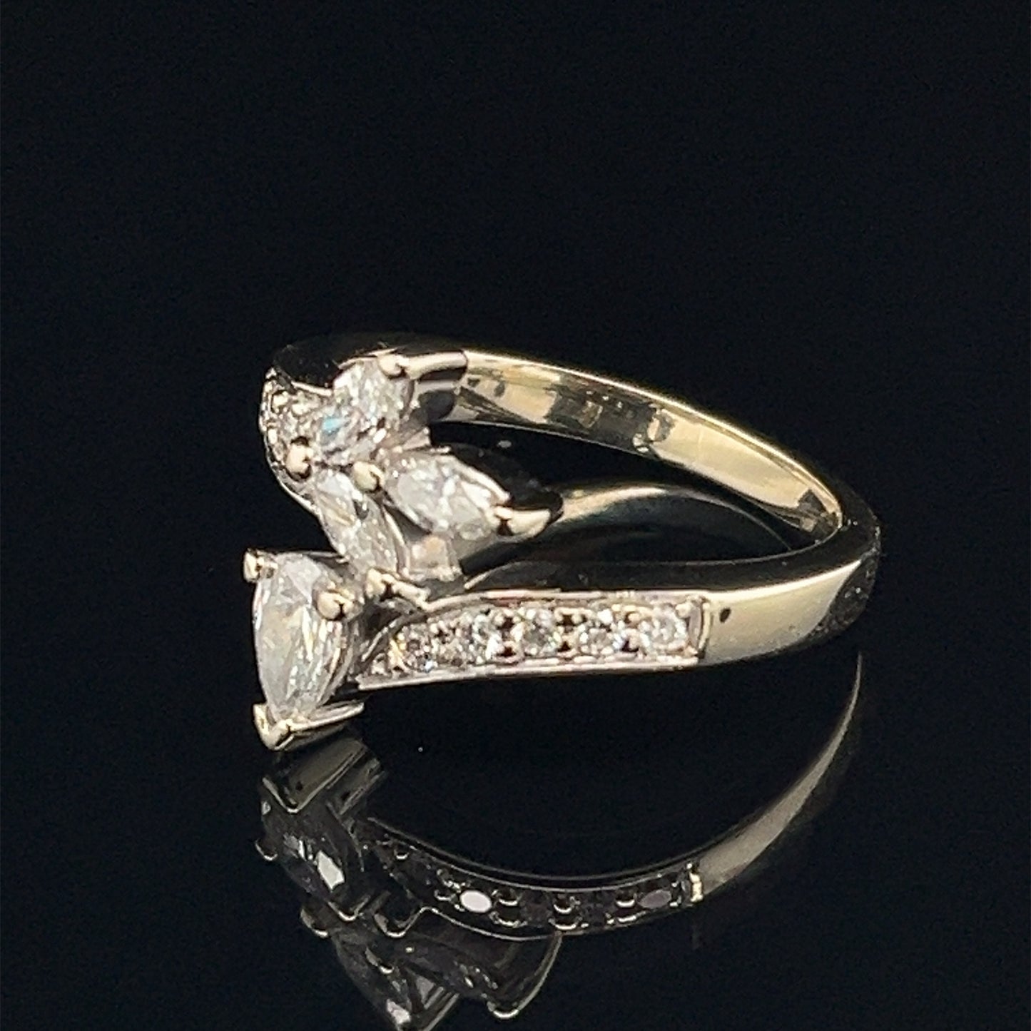 Estate 14K White Gold Marquise and Pear Cut Natural Diamond Ring Bypass Style Size 6