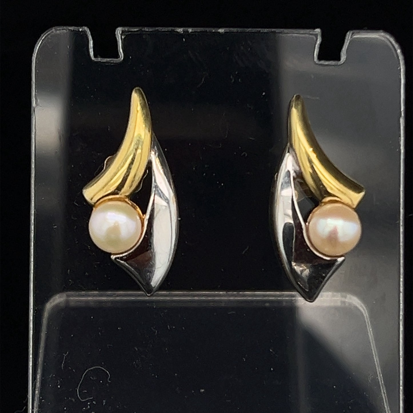 Estate 14K Two Tone White and Yellow Gold Post Earrings with Natural Pearls