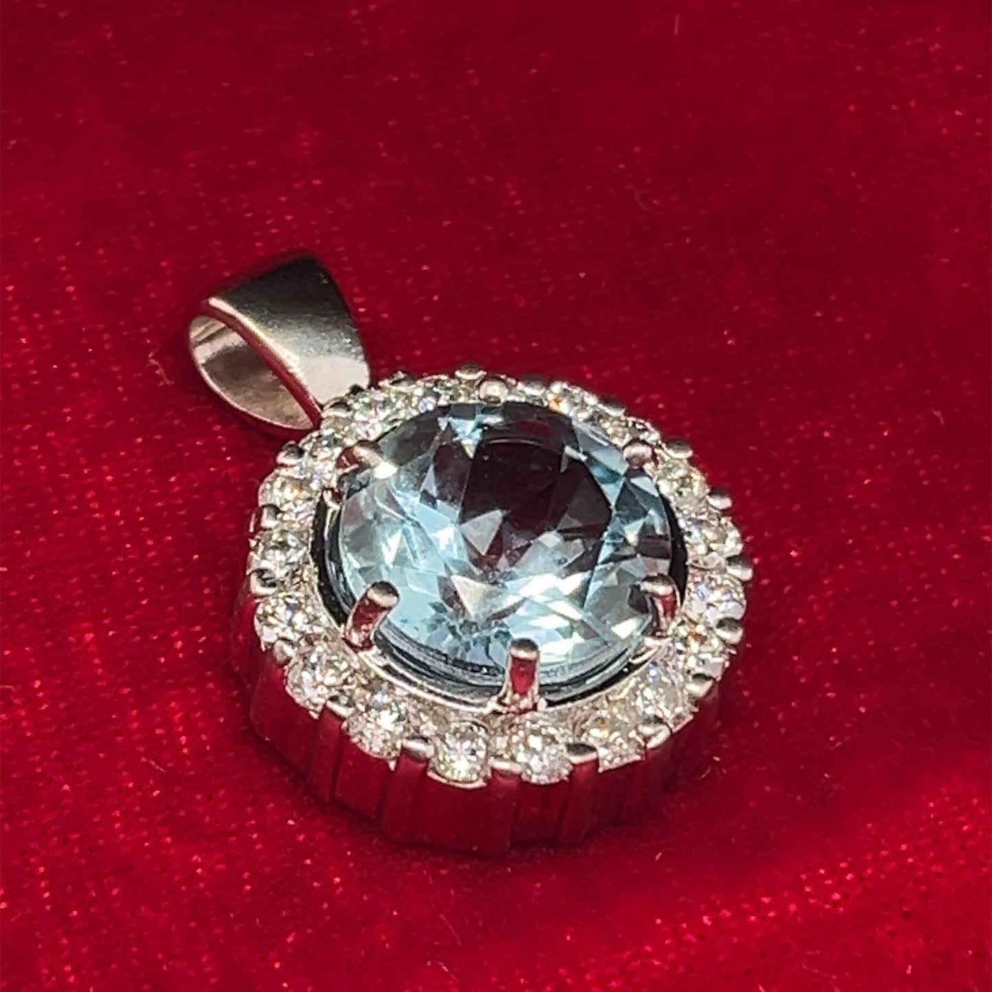 Estate 14K White Gold Round Natural Diamond and Blue Topaz Pendant Necklace Halo Style