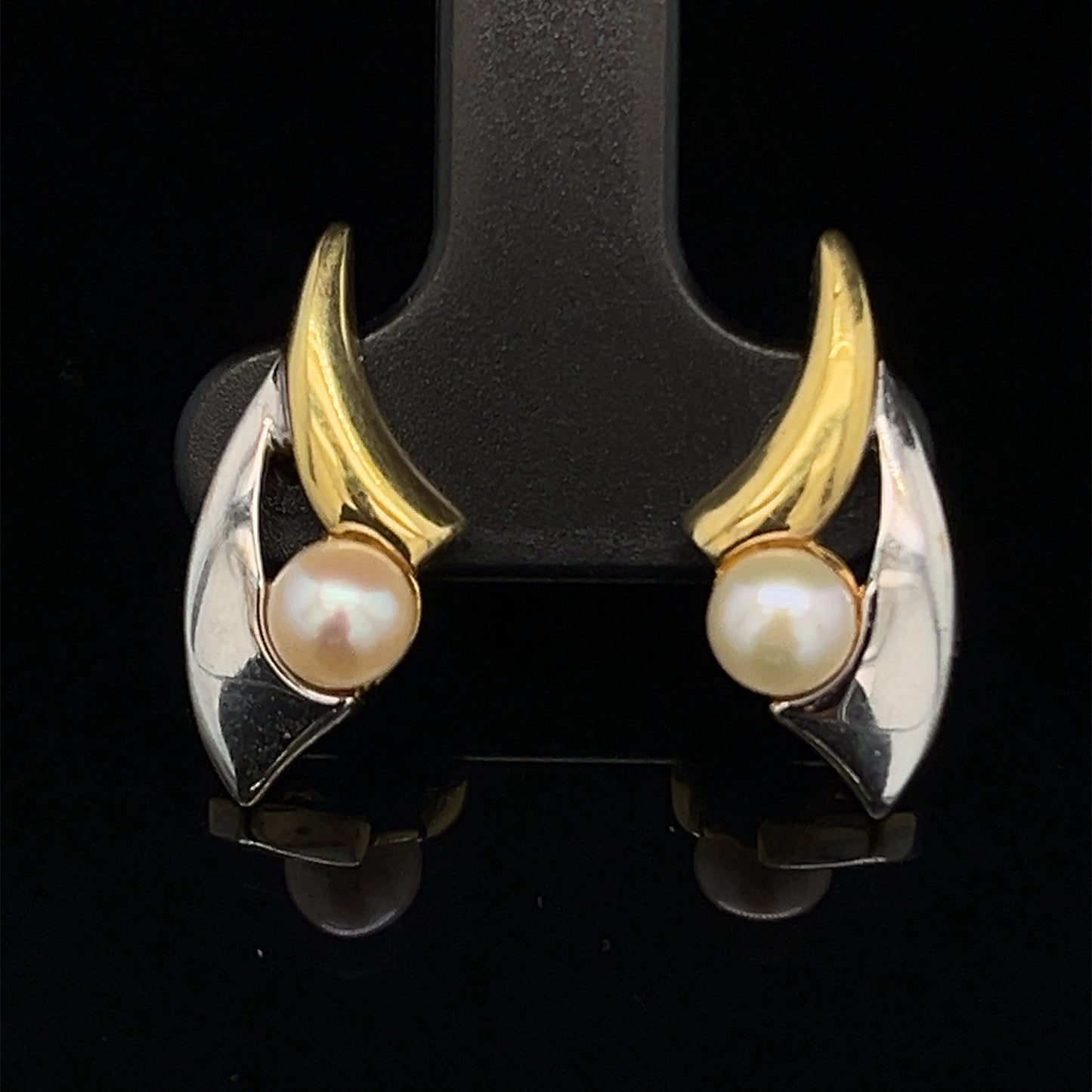 Estate 14K Two Tone White and Yellow Gold Post Earrings with Natural Pearls