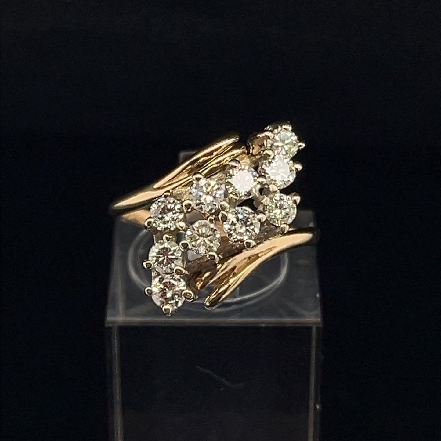 Estate 14K Yellow Gold 10 Natural Brilliant Cut Diamond Waterfall Cluster Ring Size 6