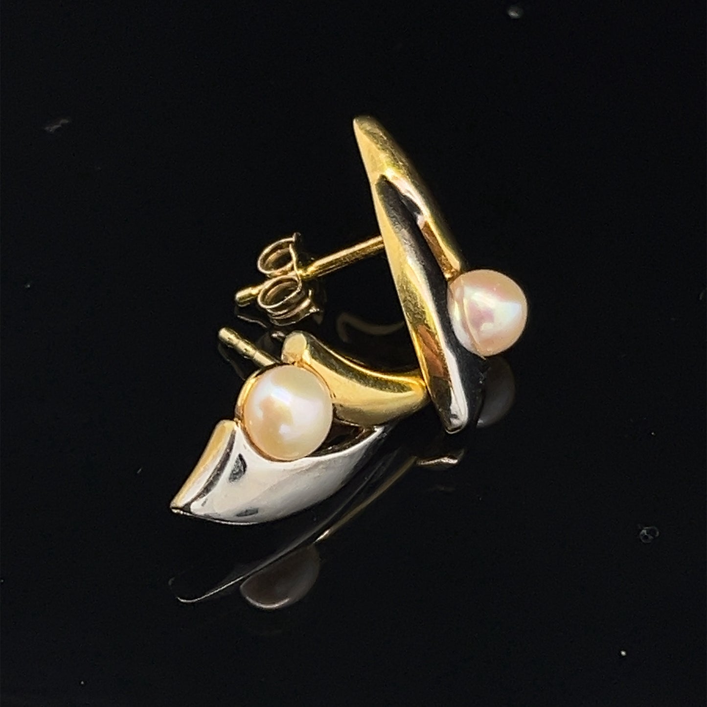 Estate 14K Two Tone White and Yellow Gold Post Earrings with Natural Pearls